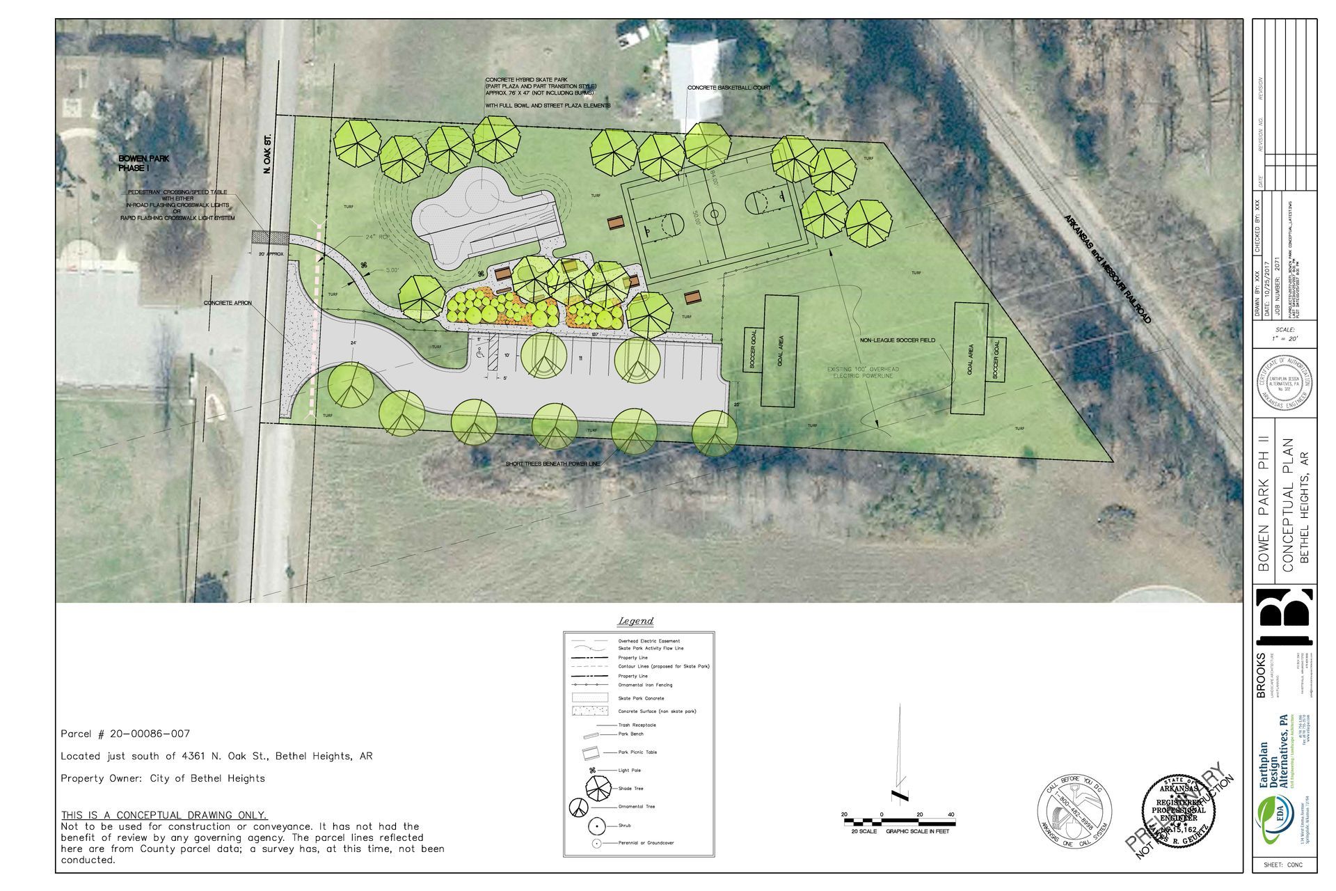 Architectural site plan: a house and driveway amid a green lawn, with tree placements and road details.