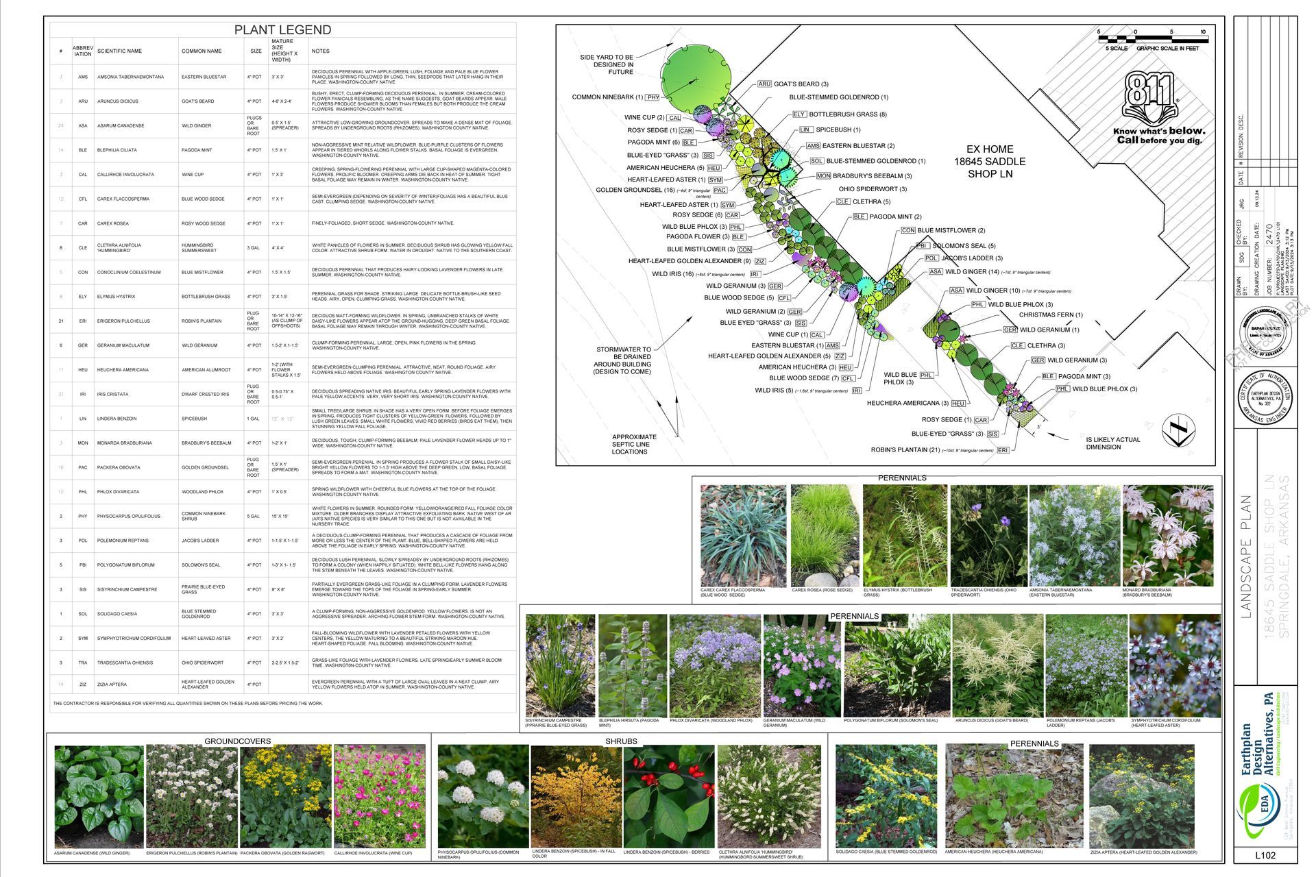 Landscape plan with a diagram of a garden design and plant list.