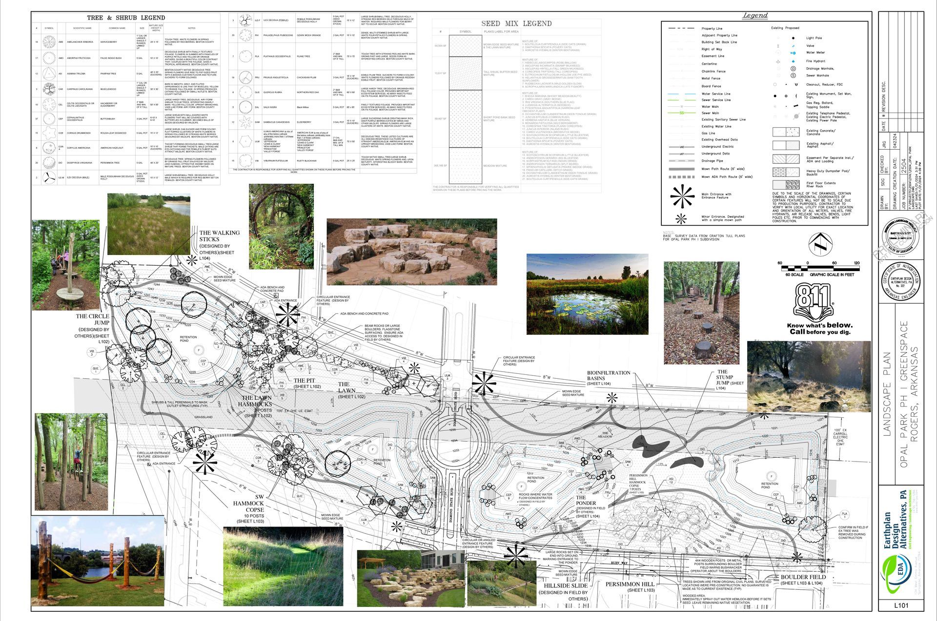 Map with photos of a park, showing trails, ponds, and landscaping.