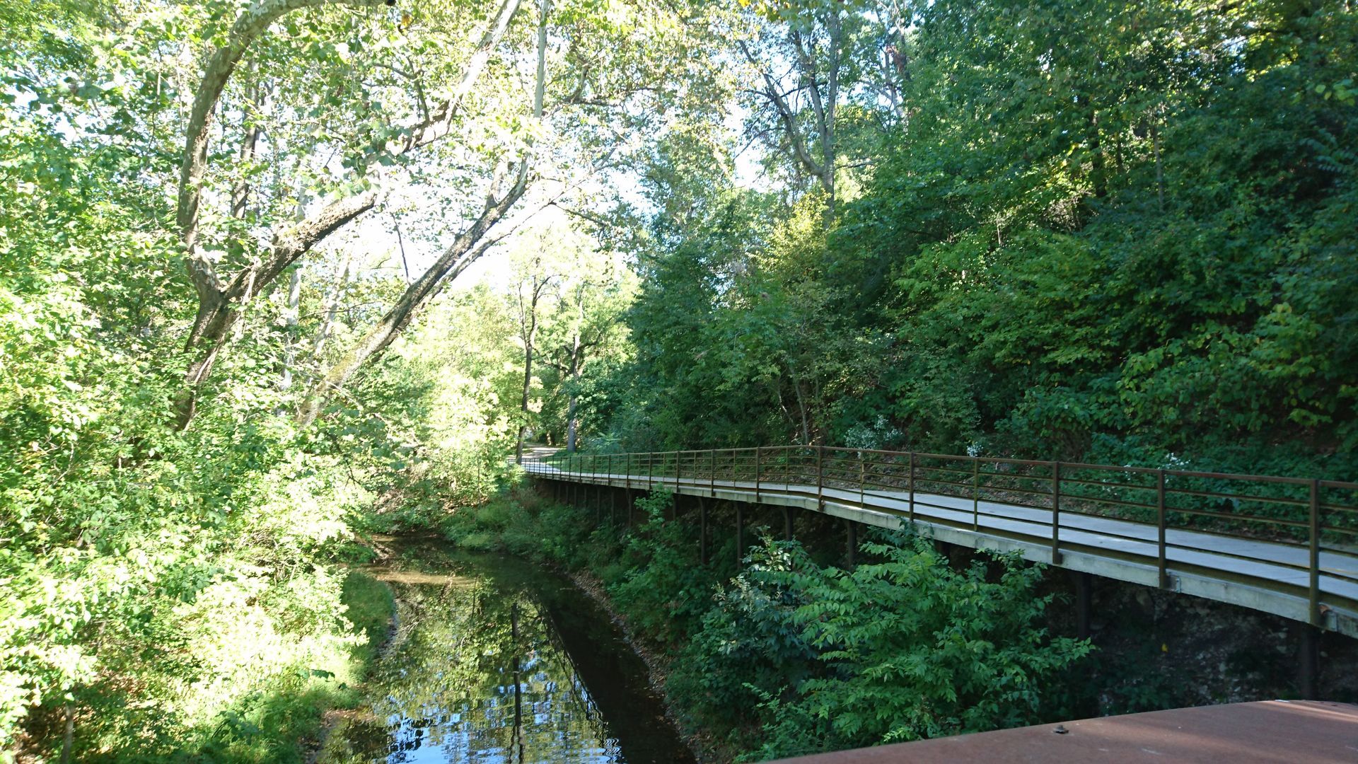 Wooden walkway alongside a river, flanked by lush green trees and foliage under a bright sky.