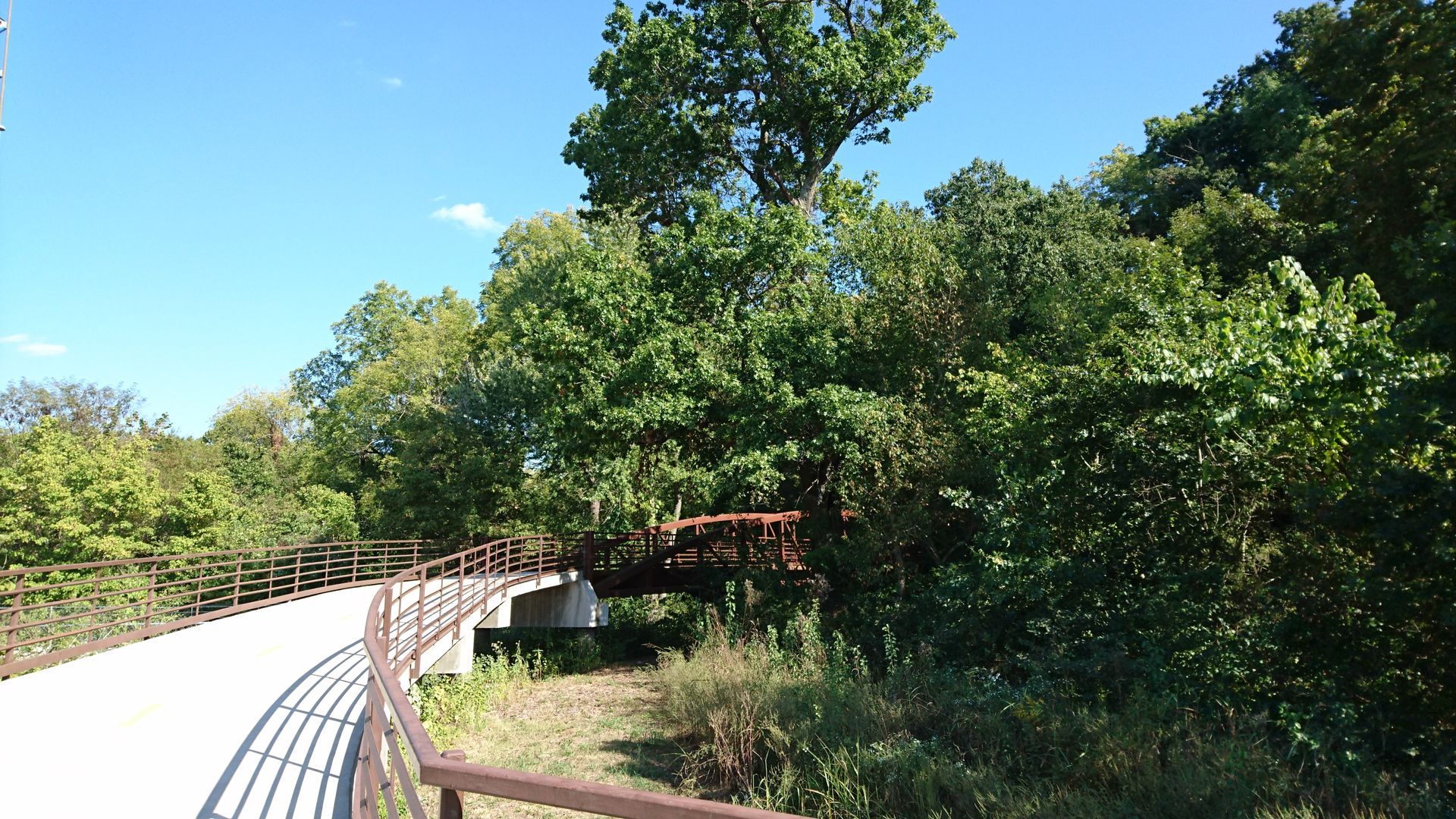 A walking path curves over a bridge surrounded by lush green trees and a clear blue sky.