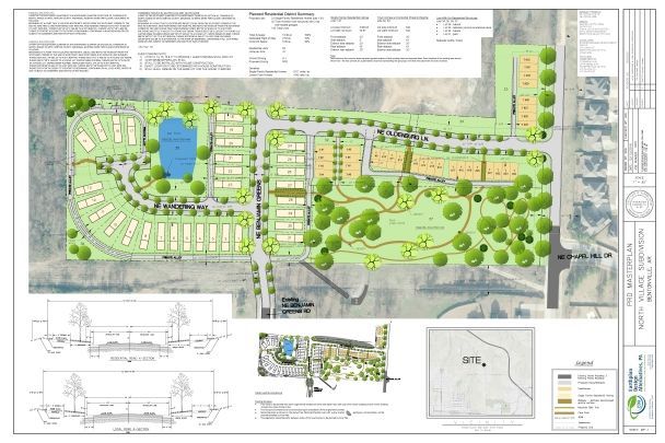 A site plan shows a residential development with buildings, roads, a pond, and green spaces.