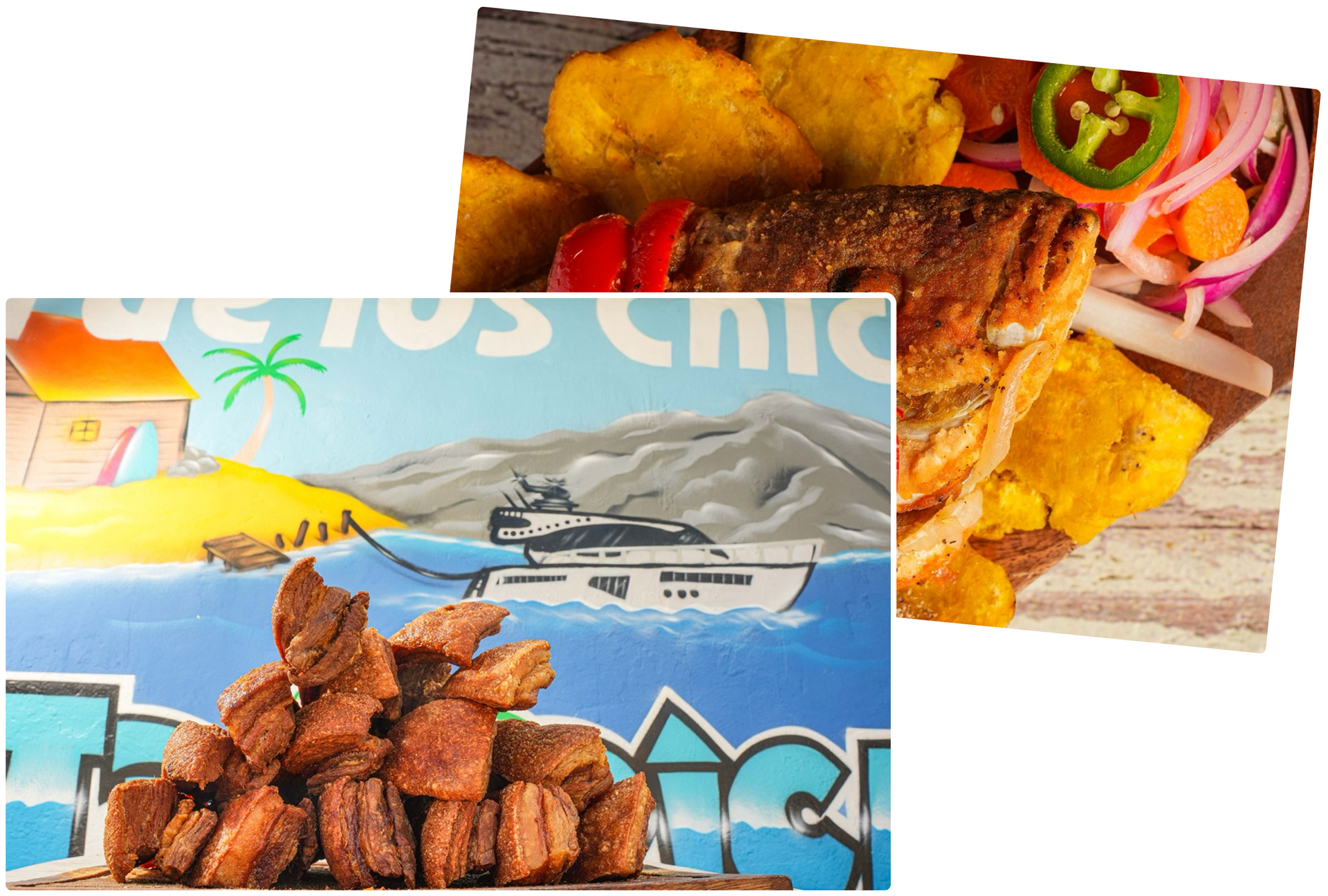Two plates of fried food, one with tostones and a fried item, the other a pile of small fried cubes, set on a painted 