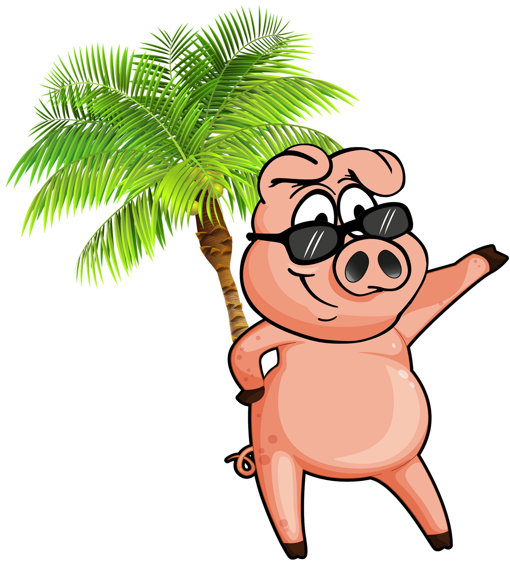 Cartoon pig with sunglasses and a relaxed pose leans against a palm tree on a sunny day.