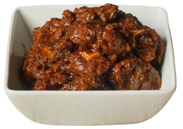 Brown, saucy meat dish in a white square bowl.