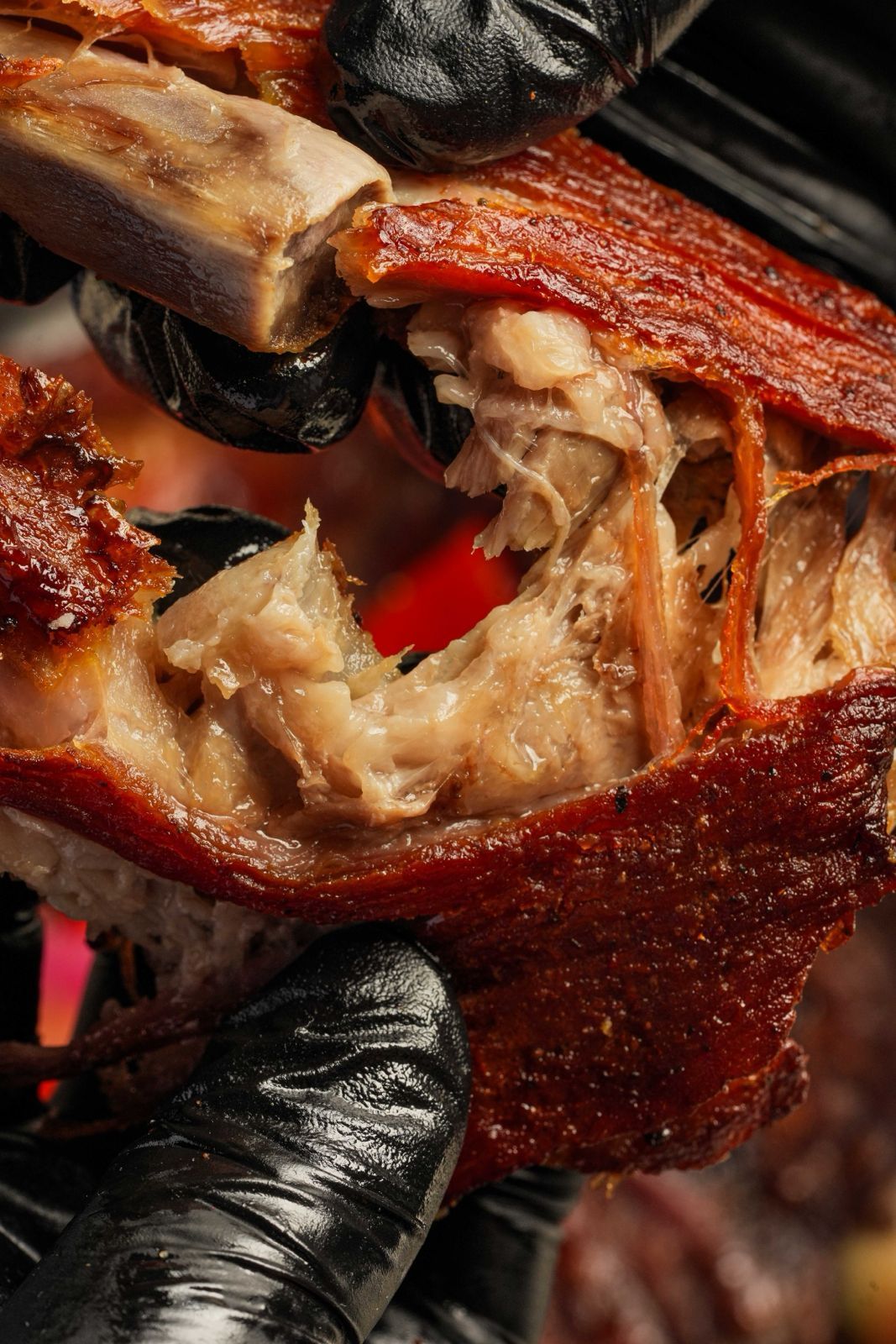 Close-up of cooked meat being pulled apart, revealing tender, shredded flesh. Black-gloved hands hold the charred exterior.