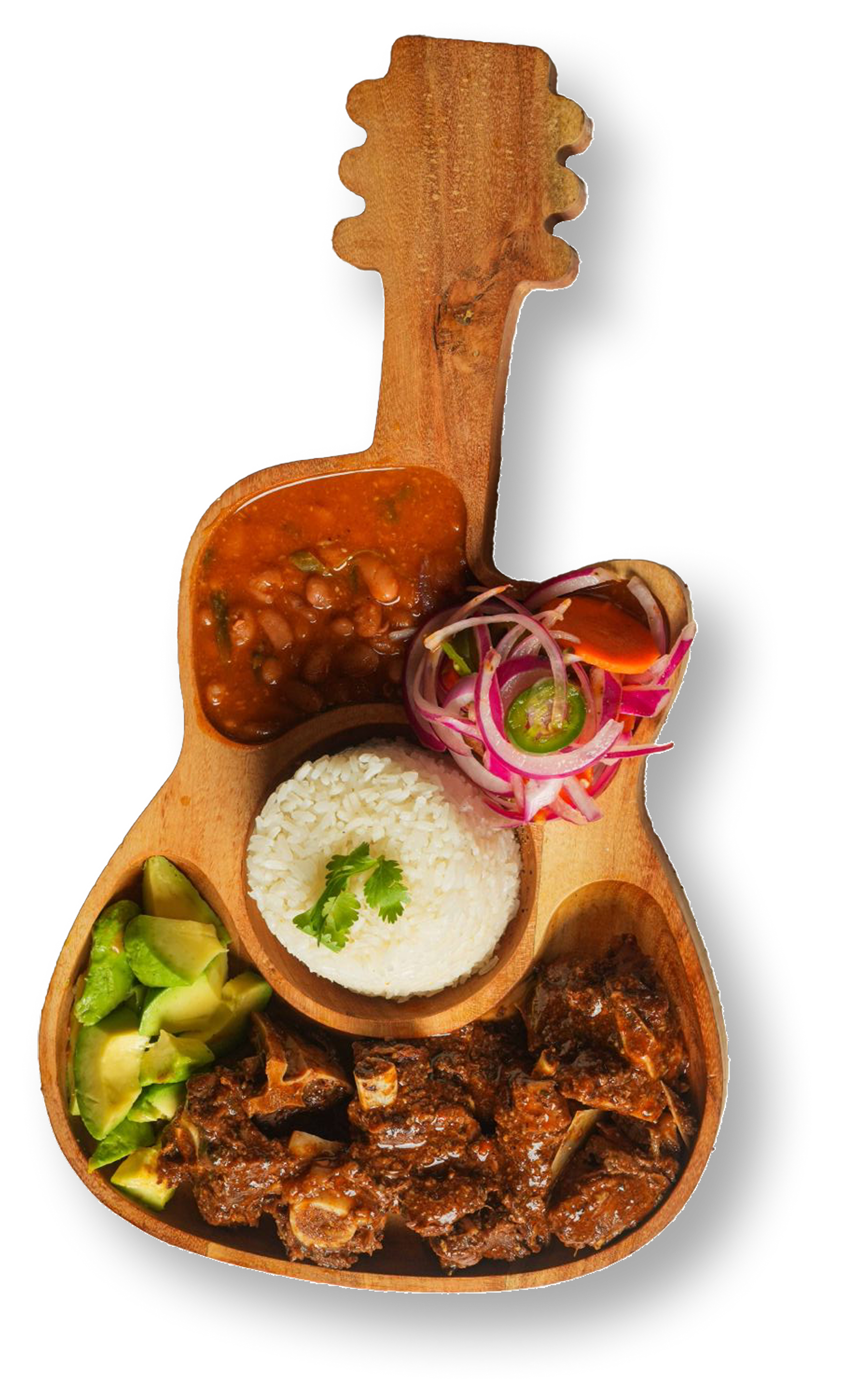 A wooden guitar-shaped serving platter holds rice, beans, avocado, meat, and a dish with red onion and jalapeño.