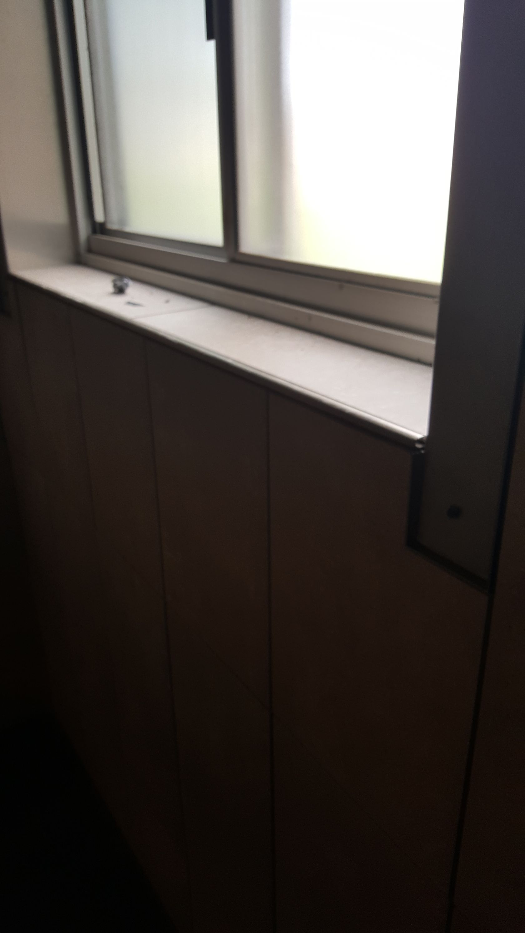 Window with a light-colored ledge above a dark-paneled wall.