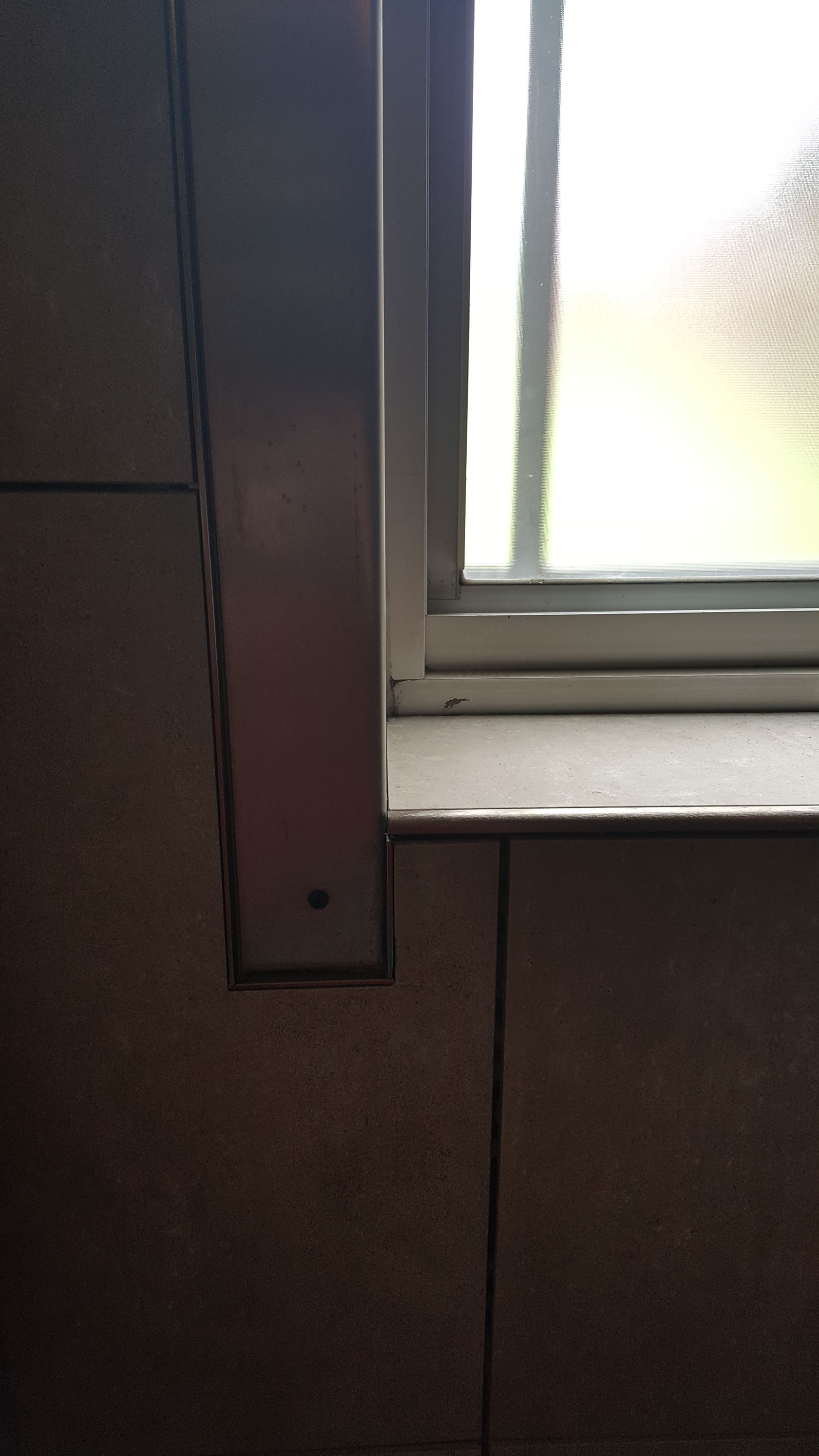 Close-up of a window with a white frame and a dark-colored tiled wall.