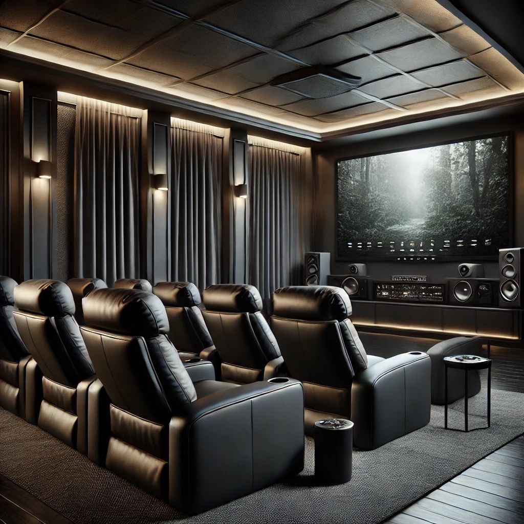 A home theater with black leather seats and a large screen