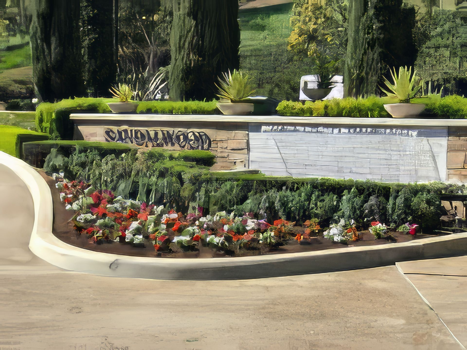 A sign that says ' southwood ' on it with beautiful flowers planted in front
