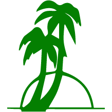 A green silhouette of two palm trees on a white background.