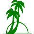 A green silhouette of two palm trees on a white background.