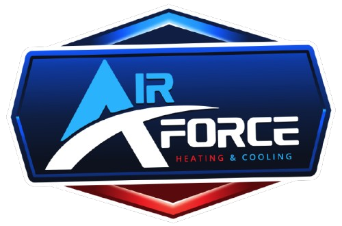 Air Force Heating & Cooling logo. Blue "A" with gray swoosh, silver text: "AIR FORCE", orange "HEATING & COOLING".
