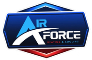 Air Force Heating & Cooling logo. Blue "A" with gray swoosh, silver text: "AIR FORCE", orange "HEATING & COOLING".