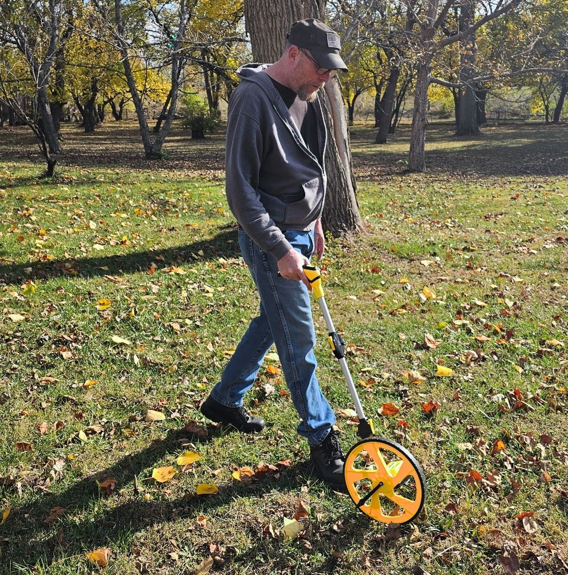 Man in a park using a yellow and black measuring wheel on grass covered in fallen leaves, under trees.
