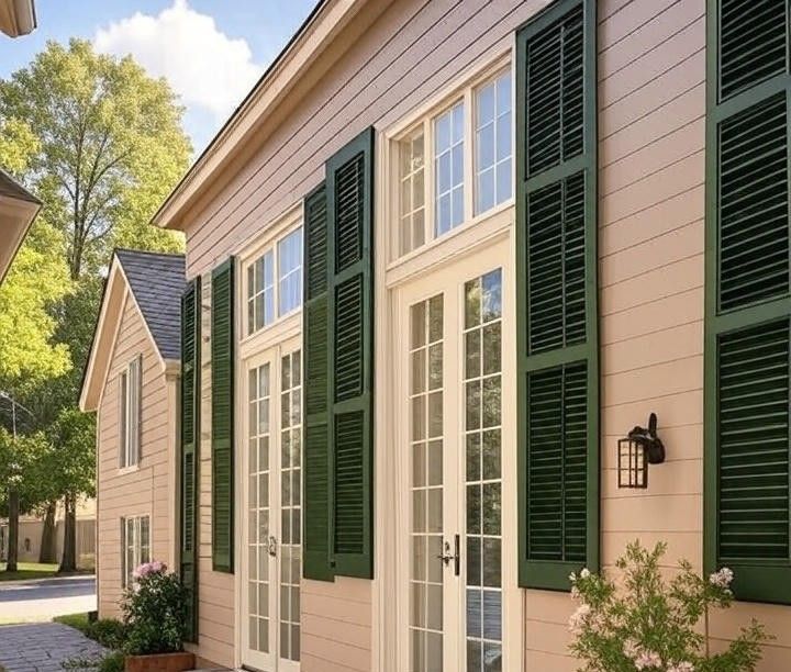 Exterior view of green colored window shutters on a brick wall