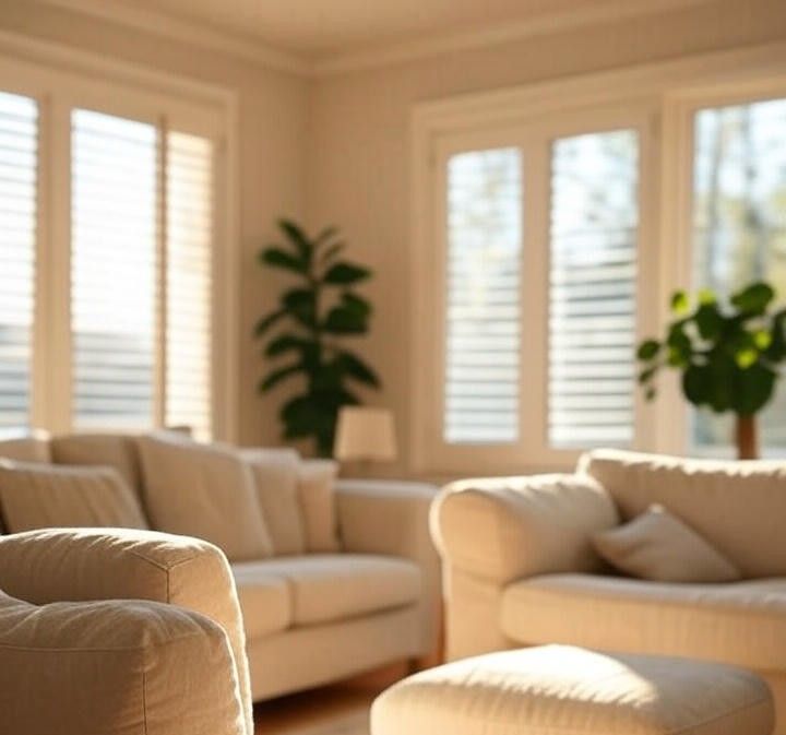 Interior view of a room with French shutters and comfortable sofas