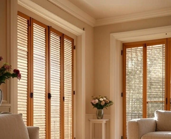 Open French door shutters with outside view
