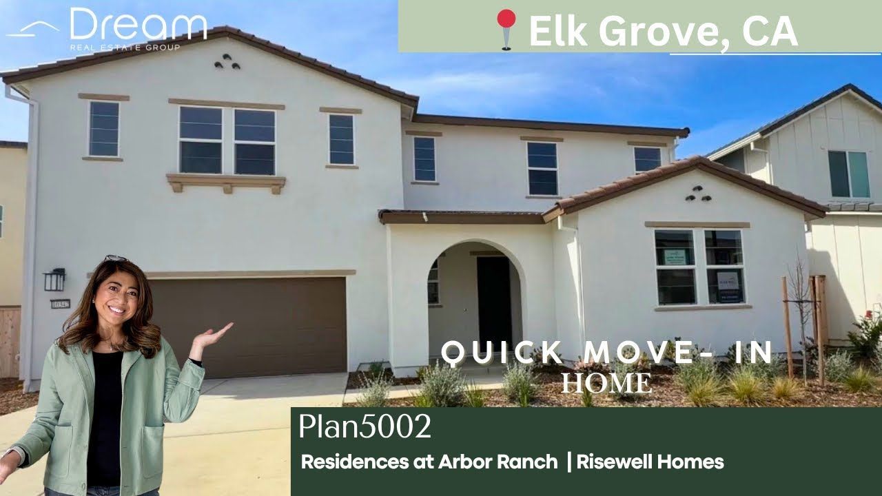 Two-story beige house with woman pointing in front, labeled “Quick Move-In Home” in Elk Grove, CA