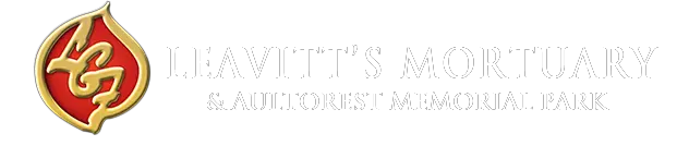 Logo for Leavitt's Mortuary & Aultorest Memorial Park: Red and gold emblem with text in white.