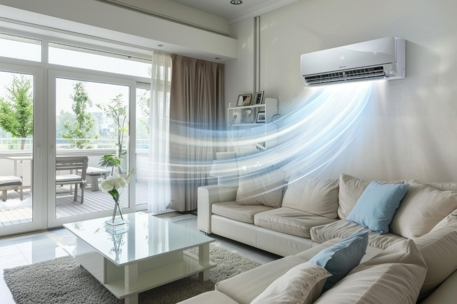 Air conditioner blowing cool air into a modern living room with a couch, glass table, and a balcony.