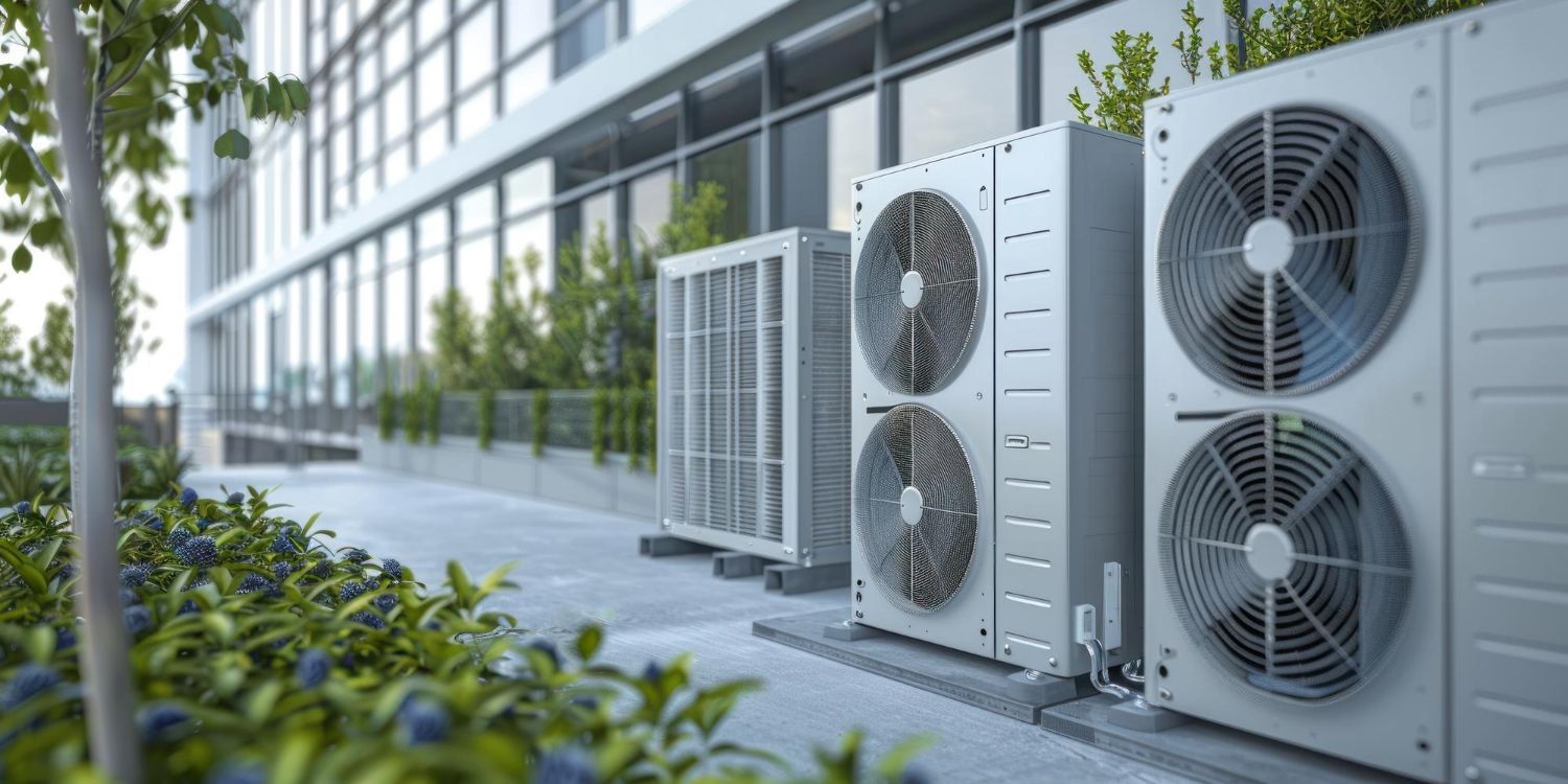 Air conditioning units lined up outside a modern building, surrounded by greenery.