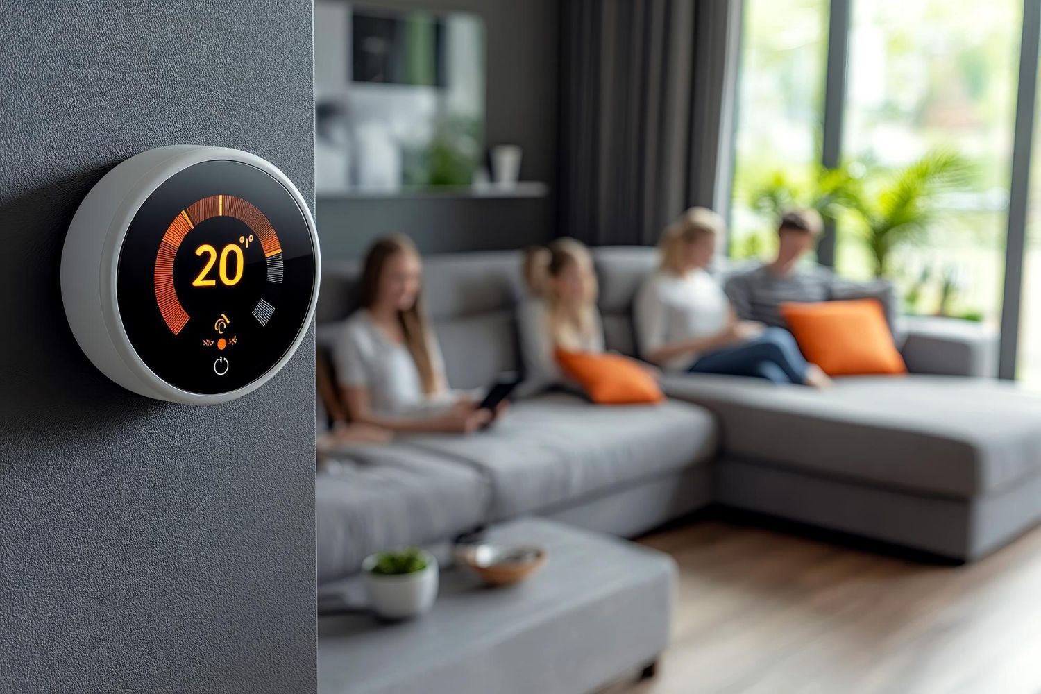 Smart thermostat displaying 20 degrees Celsius on a gray wall, with people relaxing on a couch in the background.