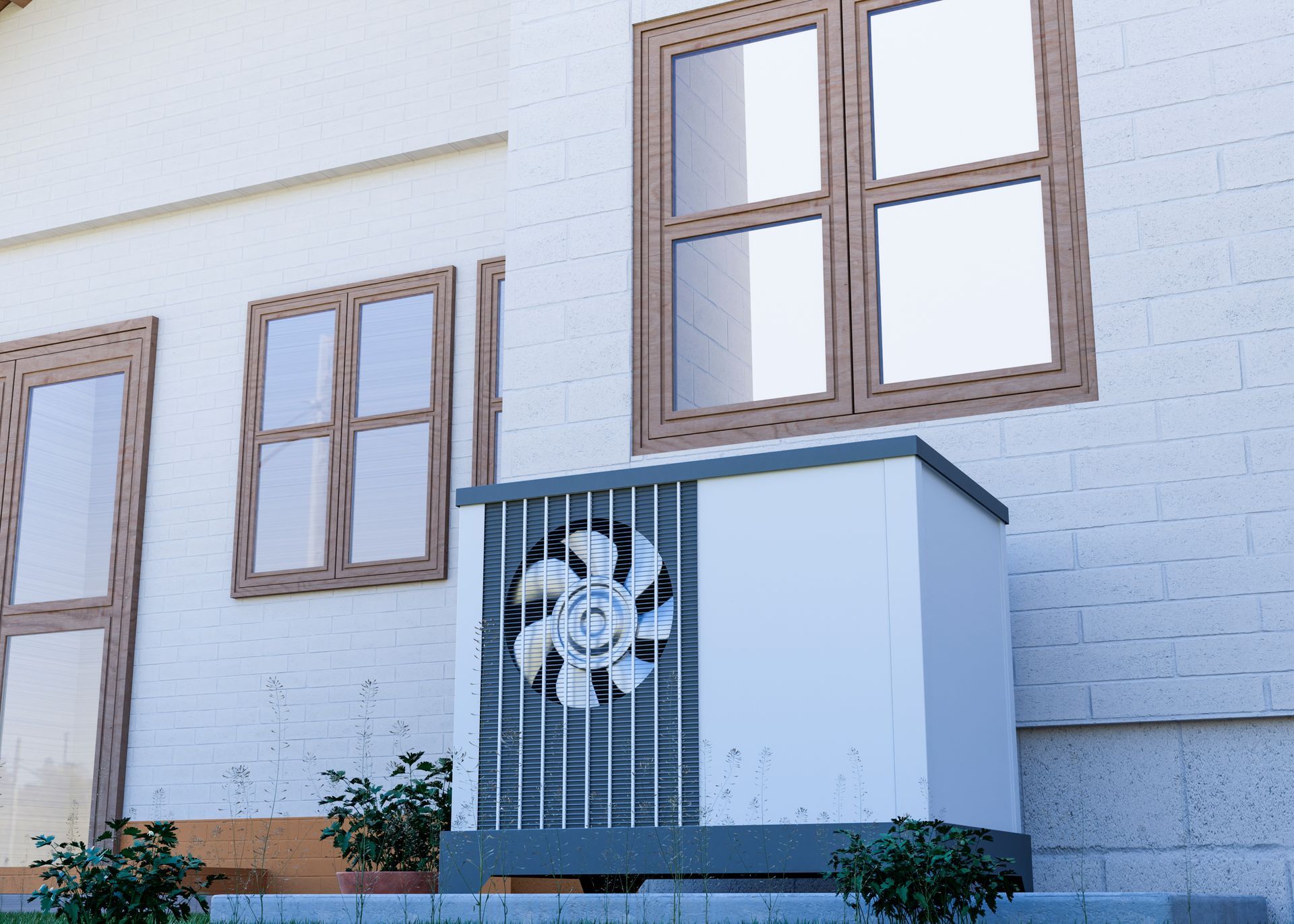 A white house with a fan on the side of it.
