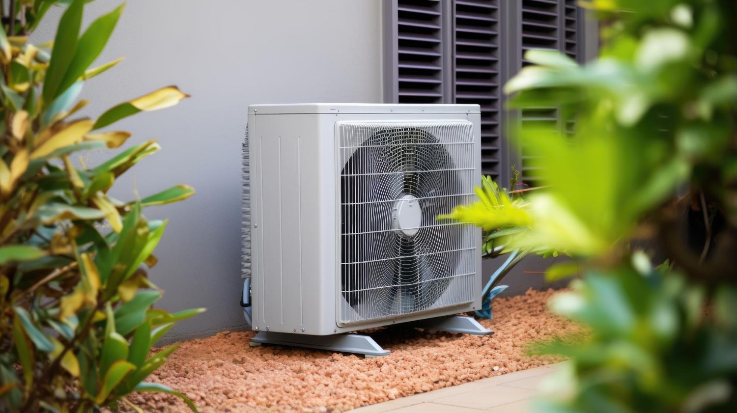Outdoor air conditioning unit beside a building, surrounded by greenery and small rocks.