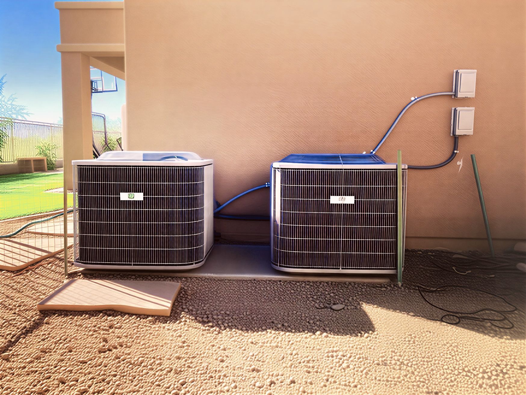 Two air conditioning units side-by-side against a beige wall, gravel ground, and blue sky.