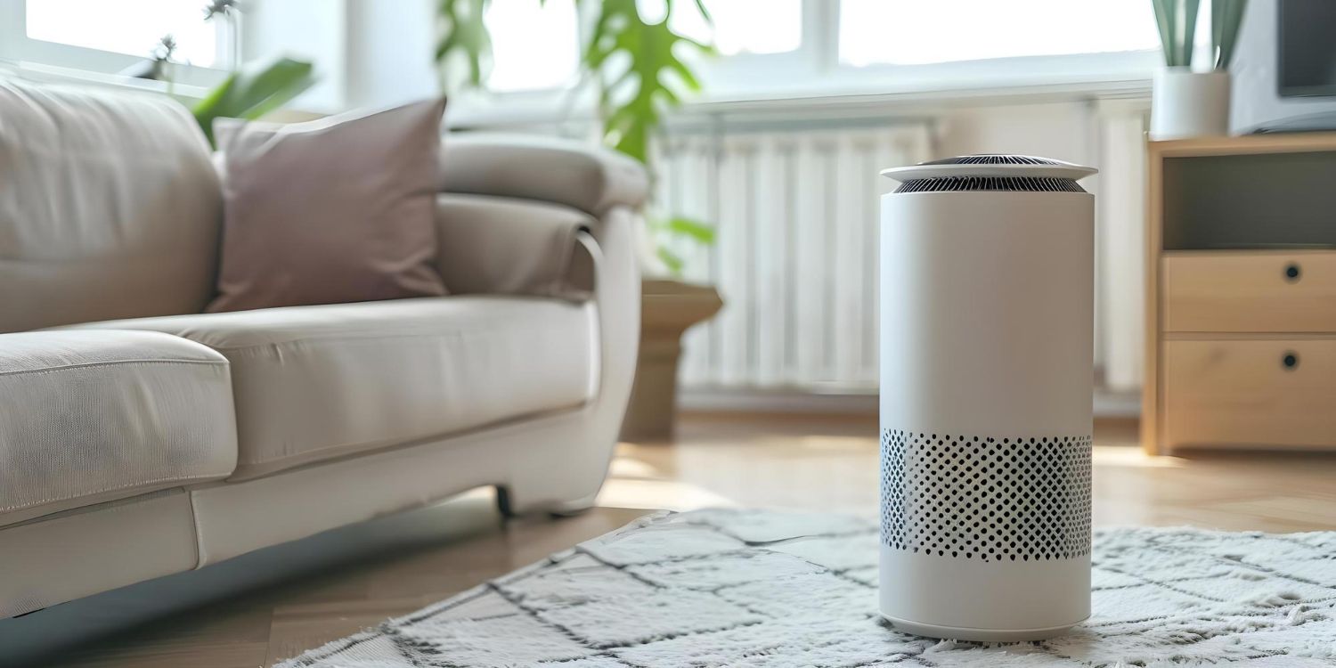Air purifier in a living room, near a couch. The purifier is white and cylindrical; a rug is in the foreground.