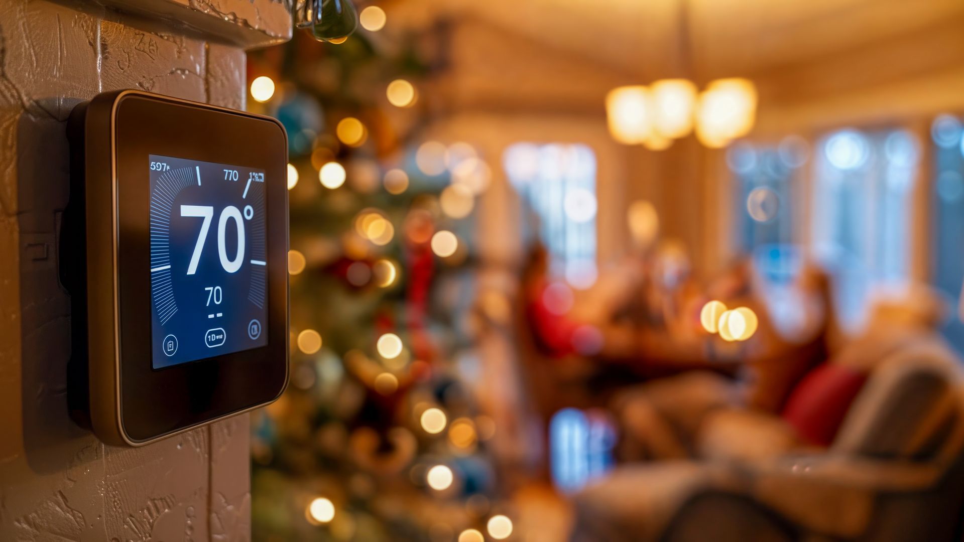 Smart thermostat displays 70 degrees in a festive room with a Christmas tree and people at a table.