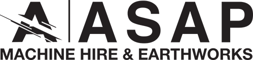 A black and white logo for a company called asap machine hire and earthworks