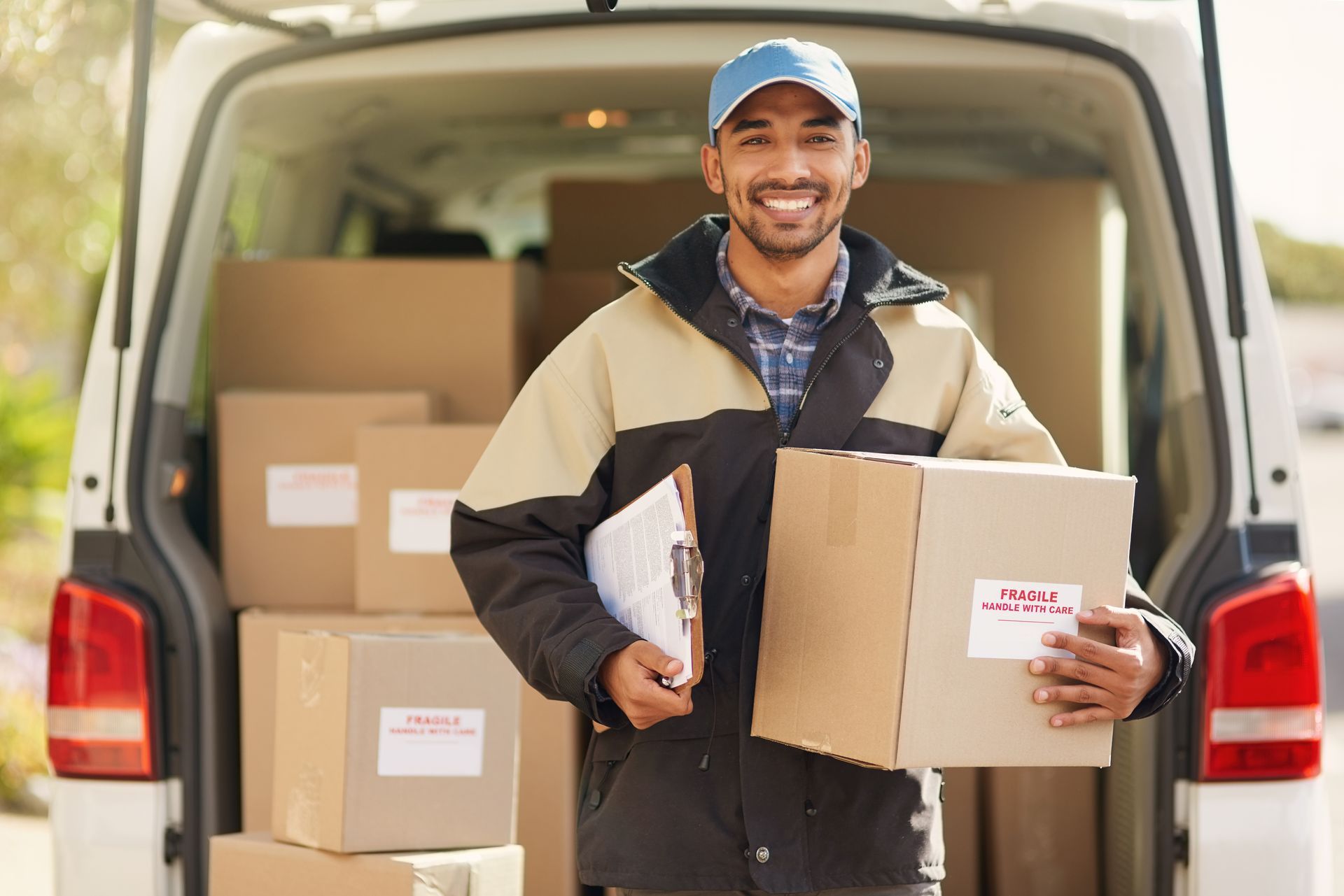 A male deliveryman, holding a package, stands in front of a van full of more packages. A male deliveryman, holding a package, stands in front of a van full of more packages.