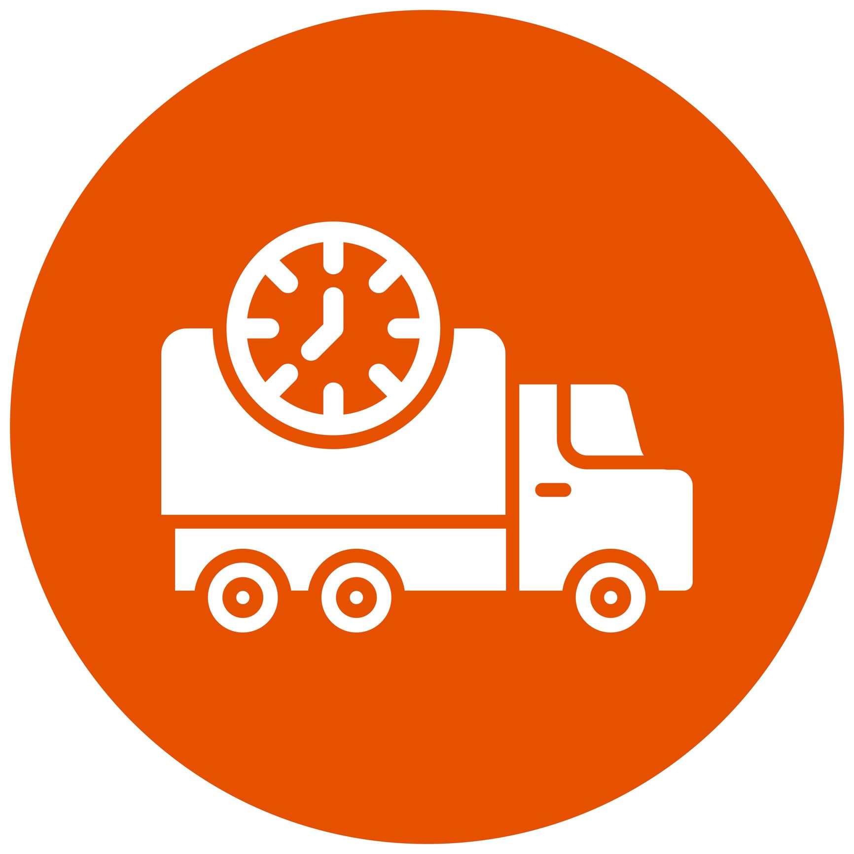 White delivery truck with a clock on top, orange background.