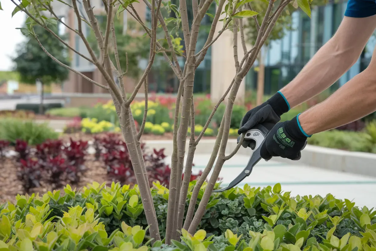 Hands pruning a tree with garden shears outdoors.
