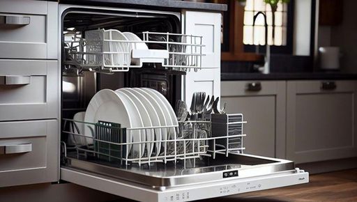 A dishwasher is filled with plates and silverware in a kitchen.