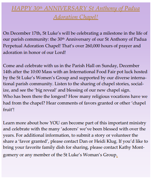 30th Anniversary St. Anthony Adoration Chapel