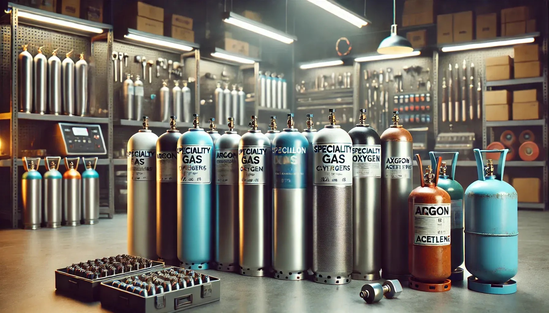 Specialty gases in cylinders ready for welding professionals serviced by Metro Welding Supply Corp.