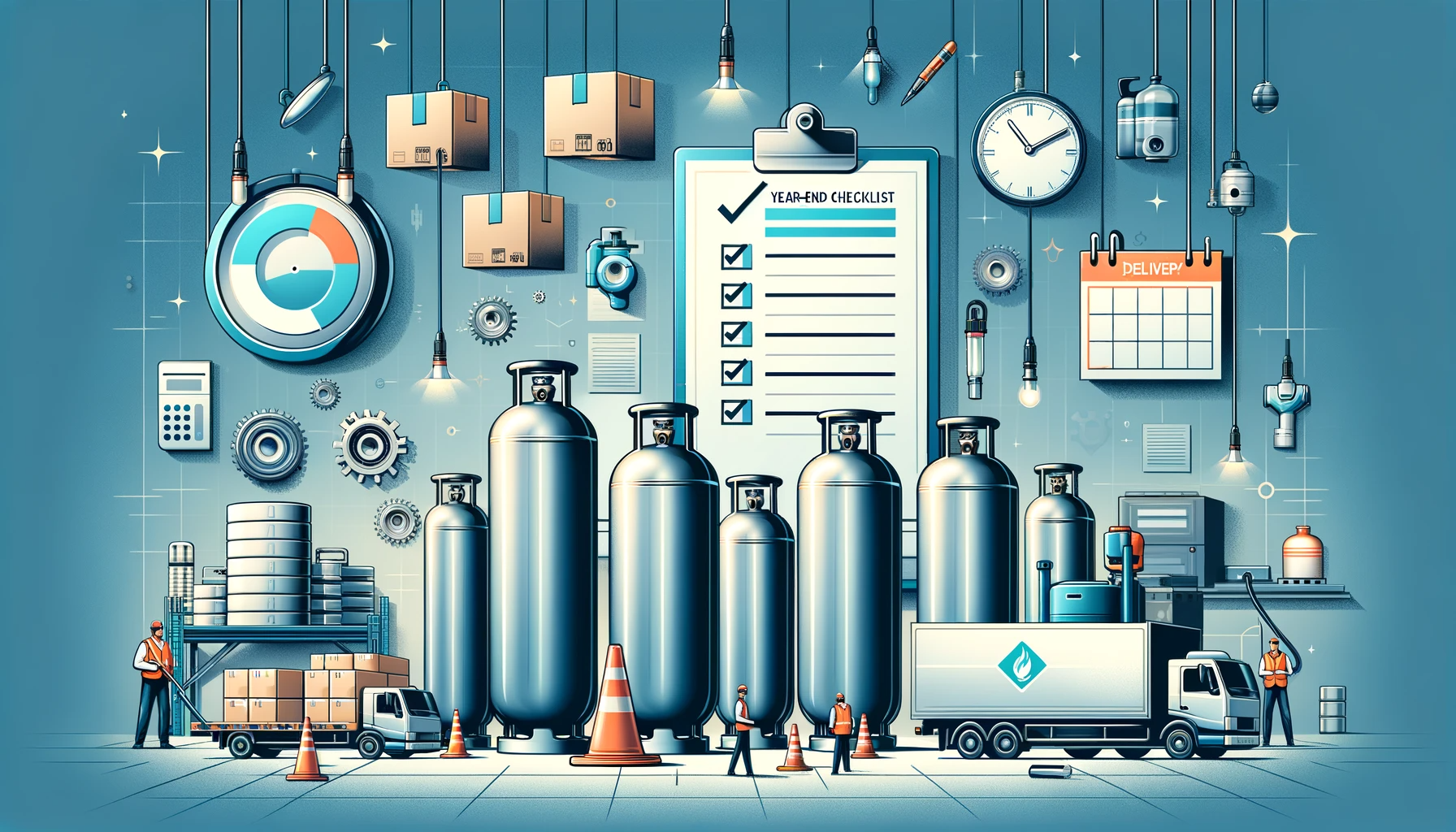 Various gas cylinders, a checklist, a calendar, and readiness for the upcoming year.