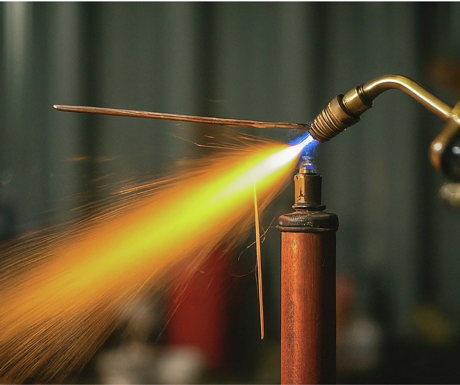 Close-up of a welding torch emitting a blue flame with an orange outer flame, set against a blurred workshop background. The torch features a brass nozzle and is placed near red protective gloves and tools on a workbench.