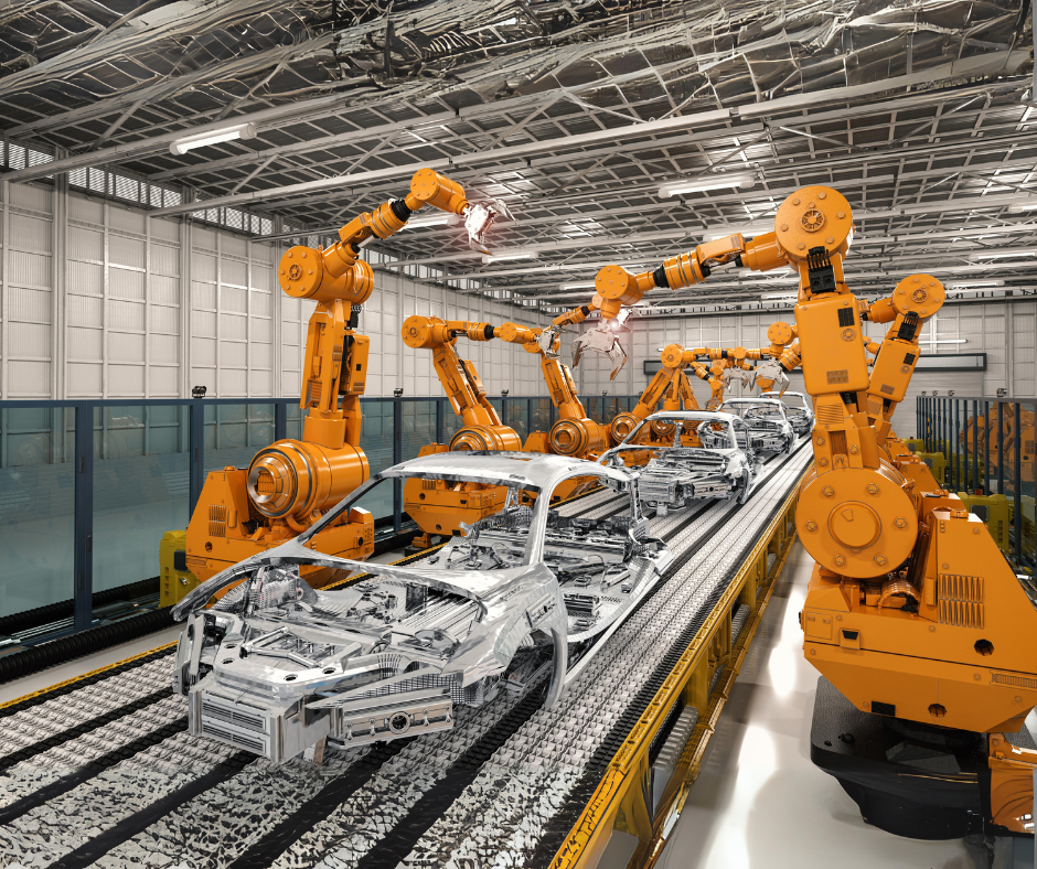 Robotic arms assembling a vehicle in the automotive manufacturing industry