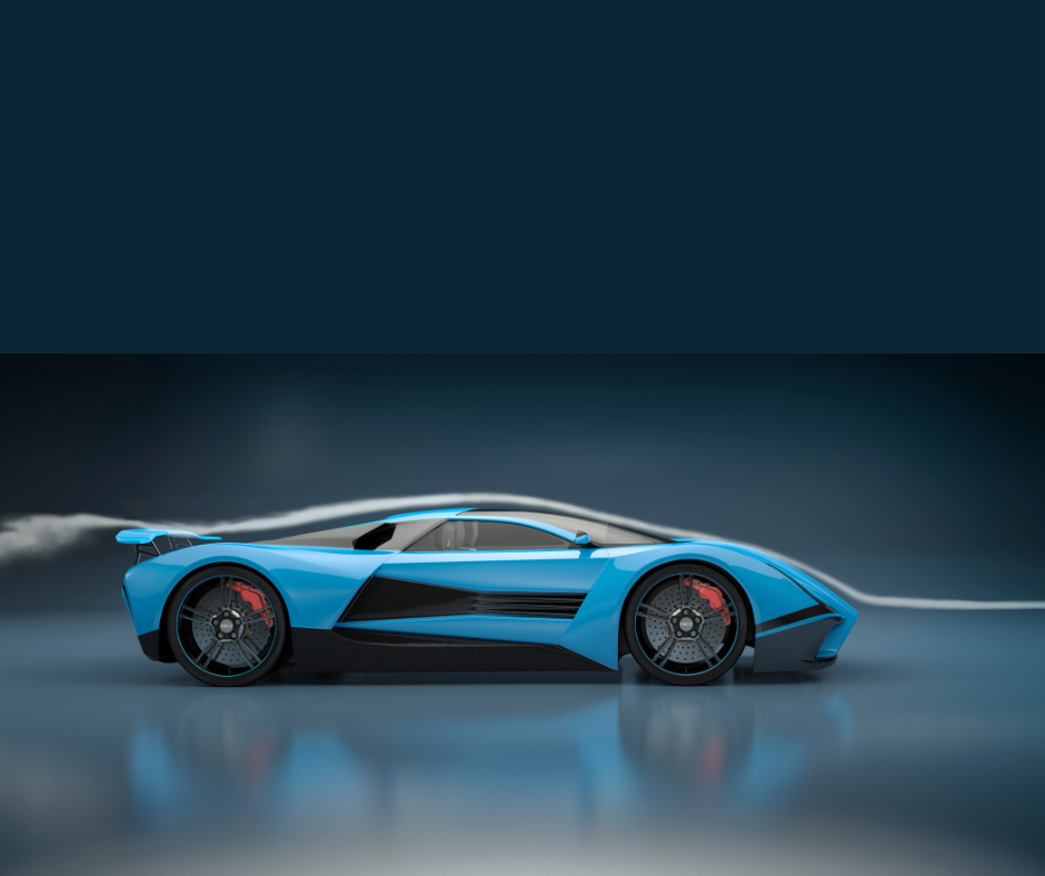 A sleek blue sports car with a futuristic design is showcased with a clear emphasis on its aerodynamics. The car is positioned in a wind tunnel simulation, indicated by white smoke flowing smoothly over and around its body, highlighting the vehicle's aerodynamic profile. The background is a gradient from dark to light grey, which helps to accentuate the car and the airflow visualization. The image suggests a high-performance vehicle being tested for efficiency and speed.