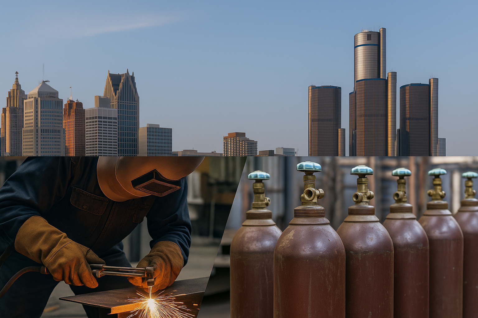 Acetylene cylinder connected to welding gear with sparks from cutting.