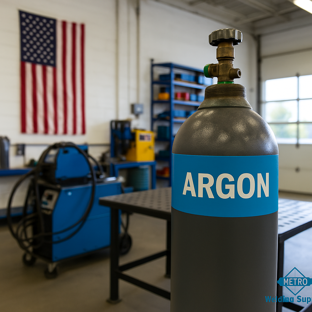 Argon gas cylinder in a Michigan welding shop with tools and equipment.