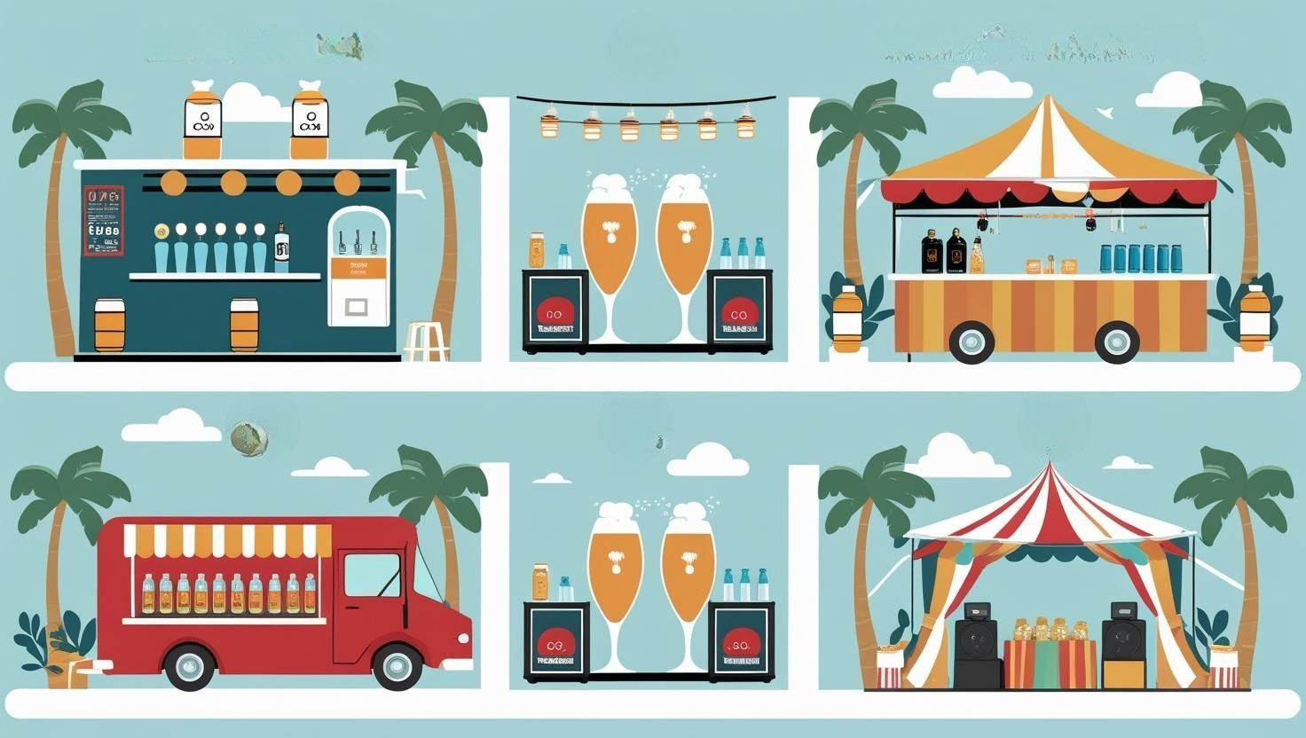 Infographic showing beverage CO2 use at a bar, food truck, wedding, and festival with icons of tanks, drinks, and carbonation bubbles.