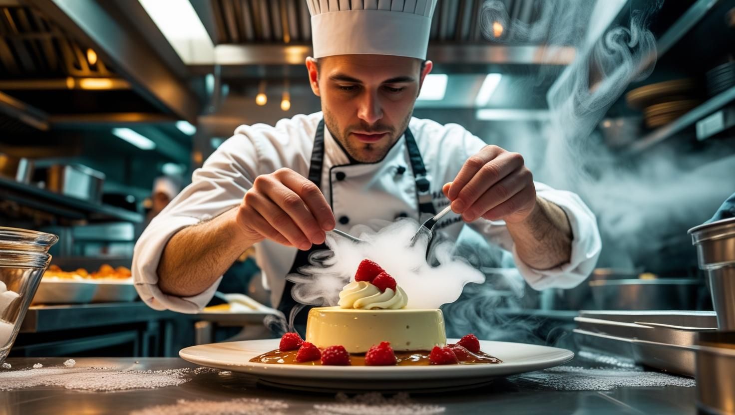 Chef in a Detroit restaurant kitchen using dry ice to garnish a dessert with dramatic fog effect.