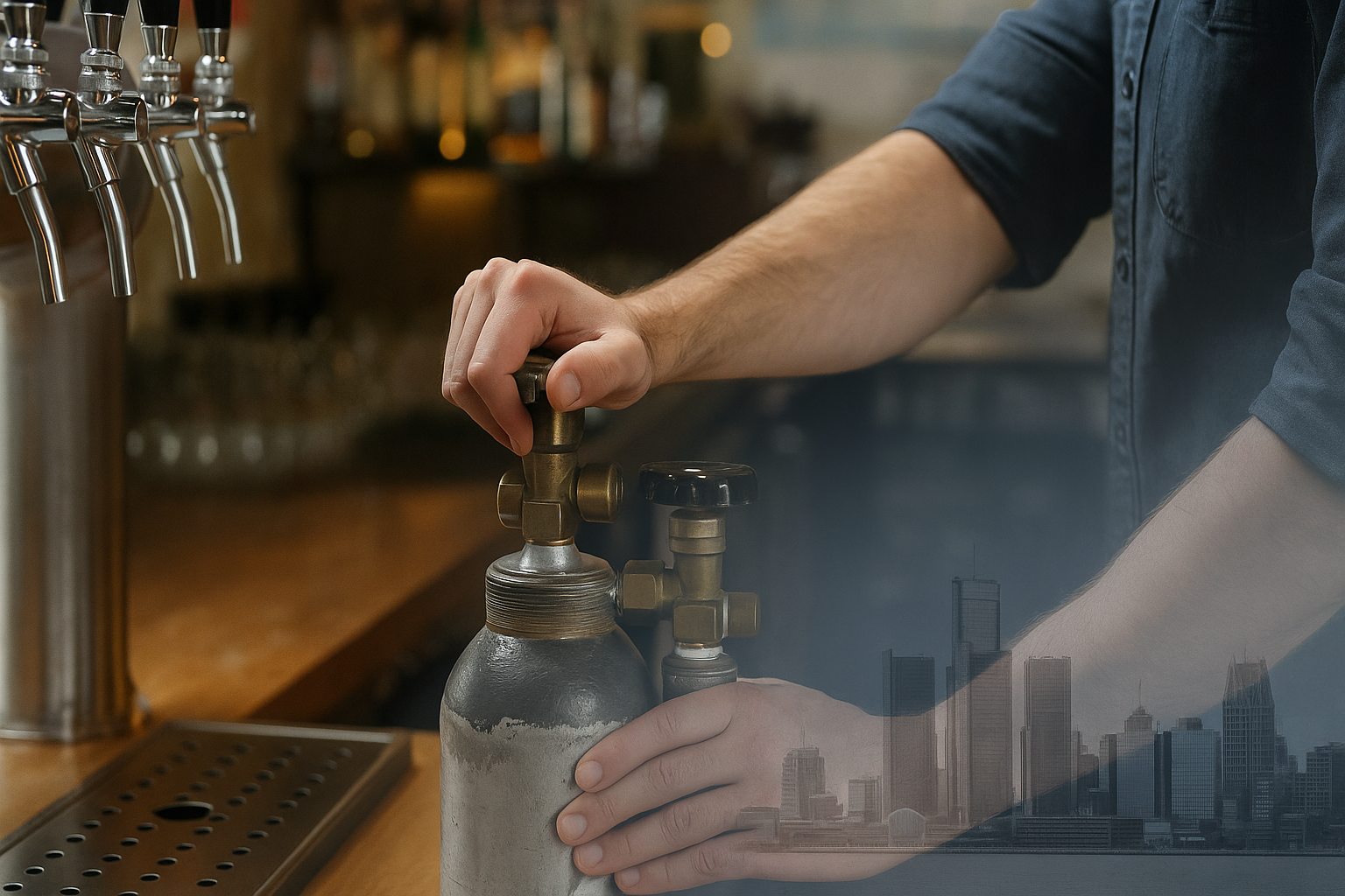 Bartender changing CO2 cylinder with Ann Arbor skyline overlay.