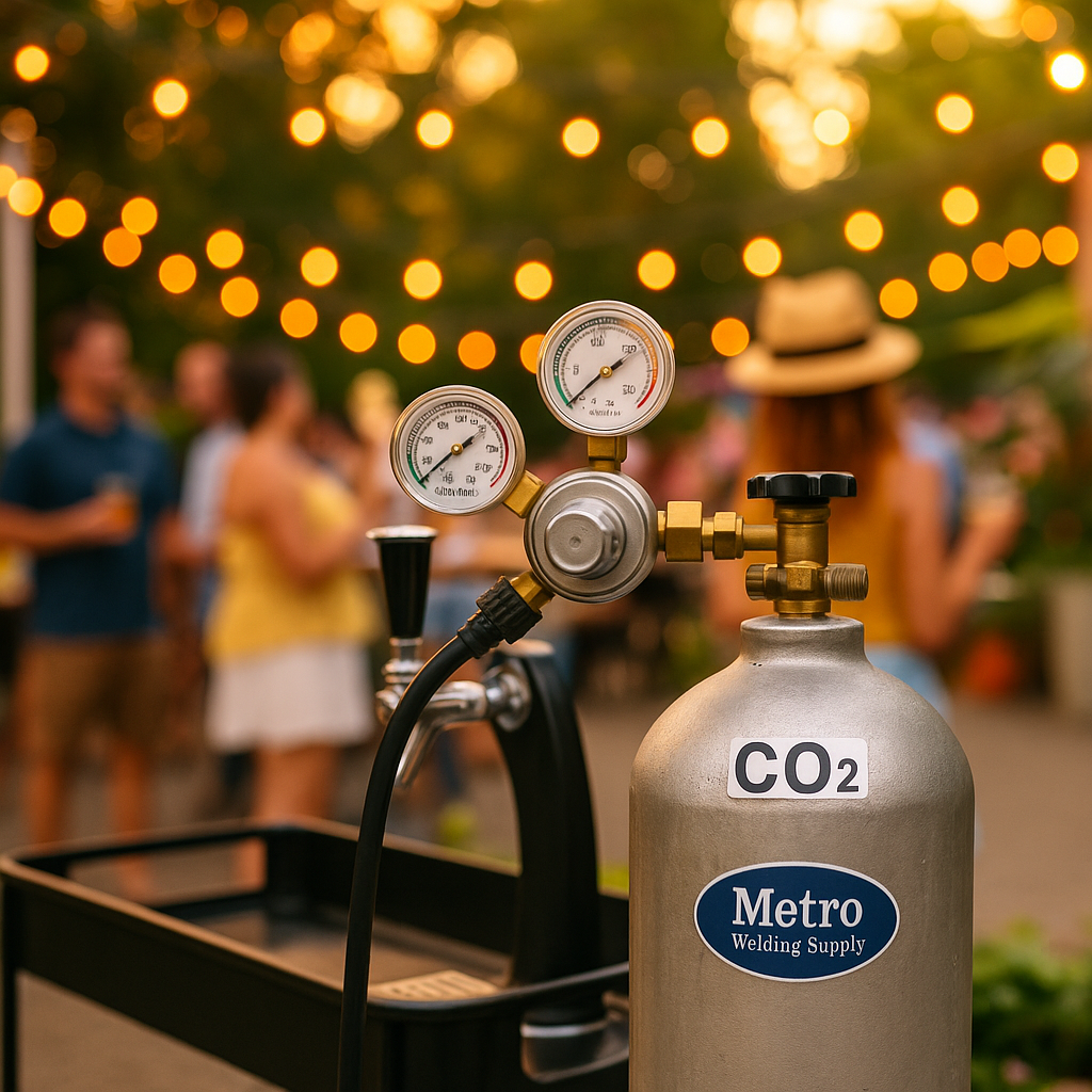 A metro co2 cylinder with a couple of gauges attached to it.